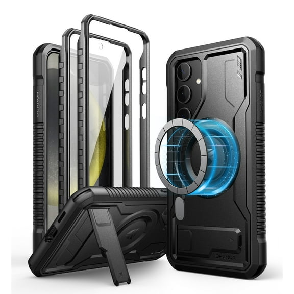 Dexnor Magnetic Case for Samsung Galaxy S24 Plus Case with Kickstand & 2 Front Frames & Built-in Screen Protector, Compatible with Magsafe, Bumper Rugged Shockproof Full-Body Protective Cover,Black