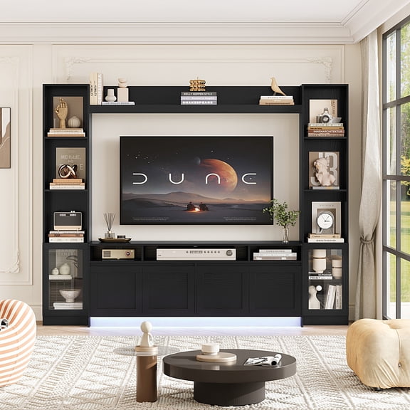 Hiphuta 79" W Wall Unit Entertainment Center with Bookcase for TVs up to 60", Farmhouse TV Stand with LED Lights for Living Room, Black