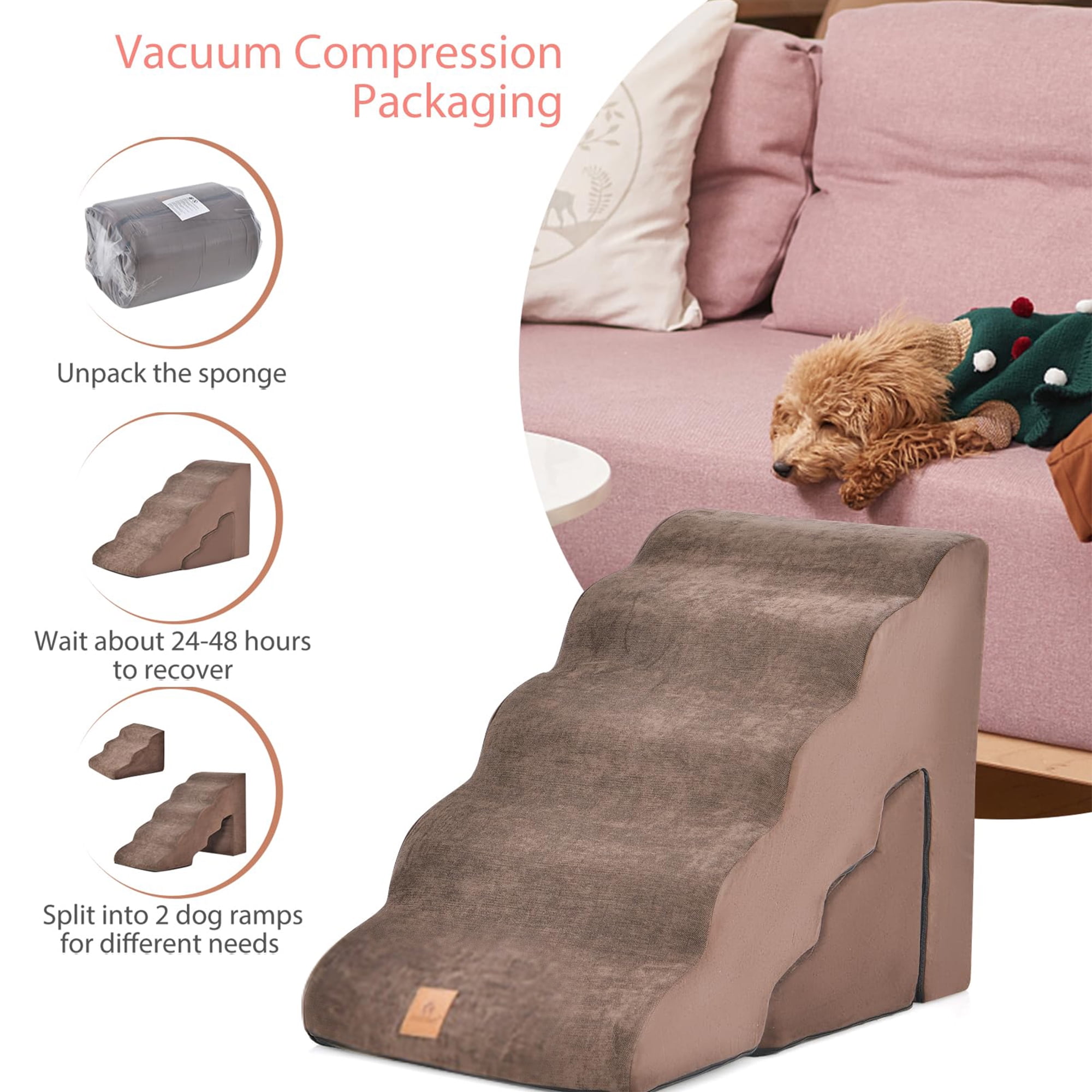 Kadyn 33" 5-Tier Pet Stairs for Small Dogs with Arch, 3-Step Dog Ramp for Beds and Couch, Non-Slip Balanced Indoor Step, Brown
