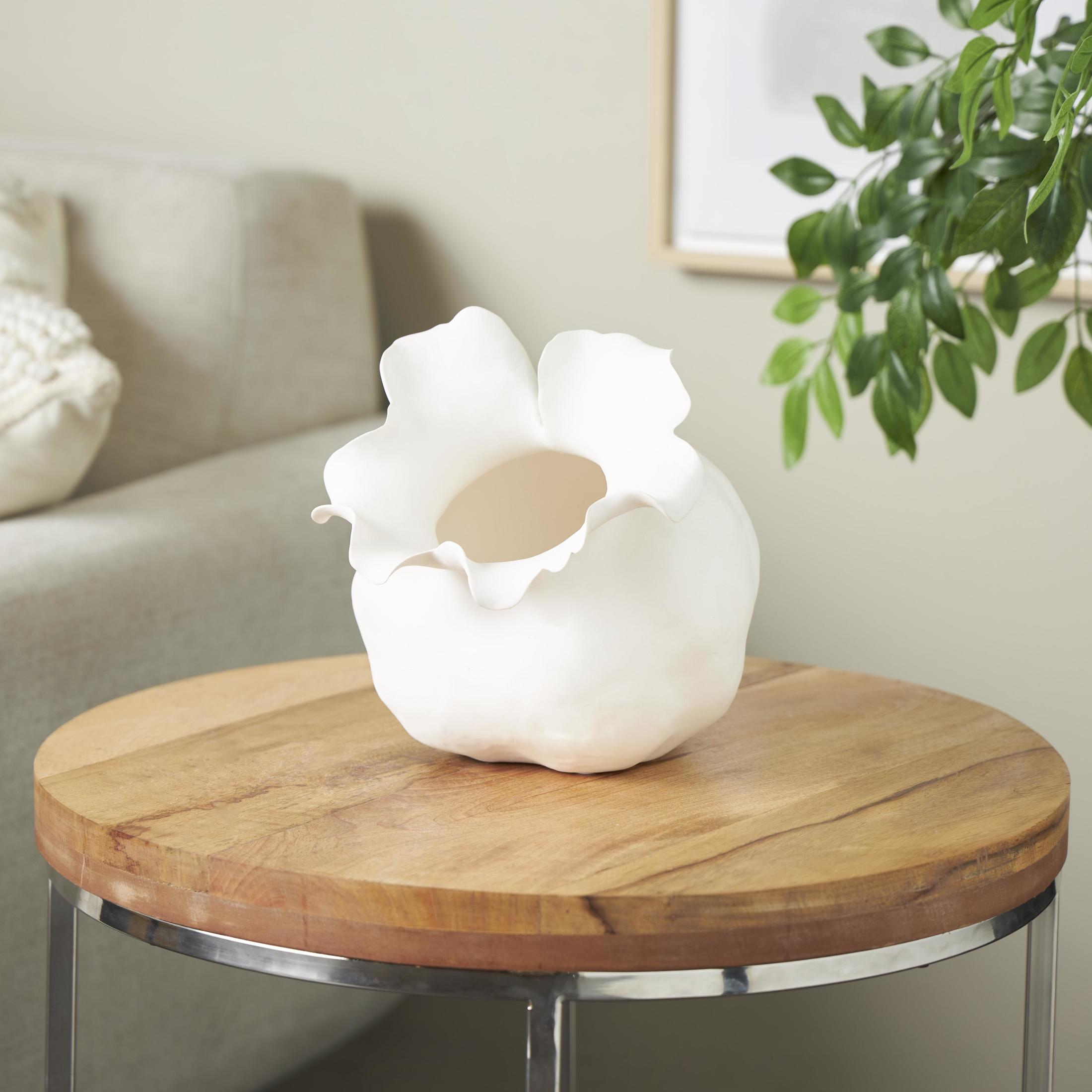 DecMode 9" Abstract Wide Rounded Floral Shaped White Ceramic Vase with Petal Rim