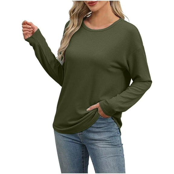 POTETI Womens Shirts for Work Winter Casual Solid Color Round Neck Long Sleeved Casual T-shirt Long Sleeved Round Neck Army Green Blouse for Girls