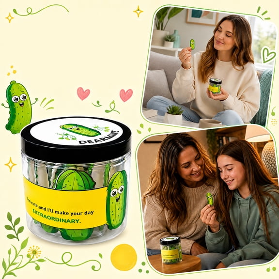 Positive Pickle Card Jar with Clear Plastic Body and Black Lid, Cute Cartoon Design, for Office Desk, Desk Decoration