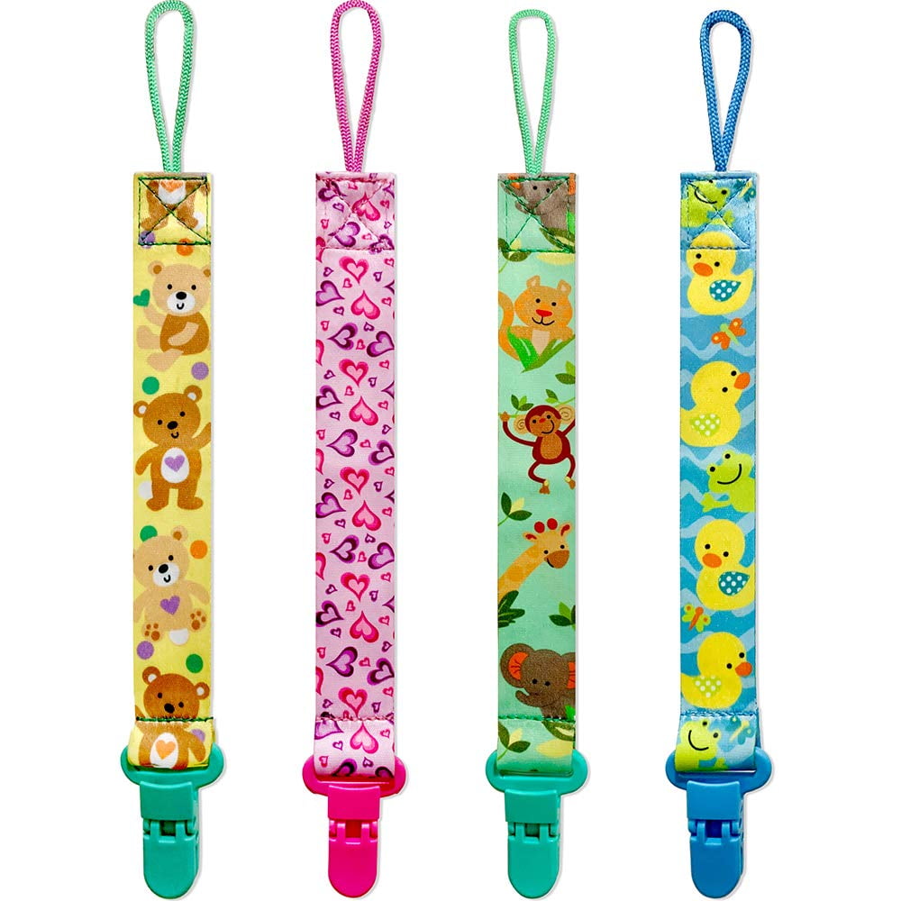 Amerteer Pacifier Clips for Boys and Girls, 4 Pack BPA Free Pacifiers Holders Leashes for Teether Toy or Soothie, Fits All Pacifiers Baby Teething Toys, Baby Shower Gift Set