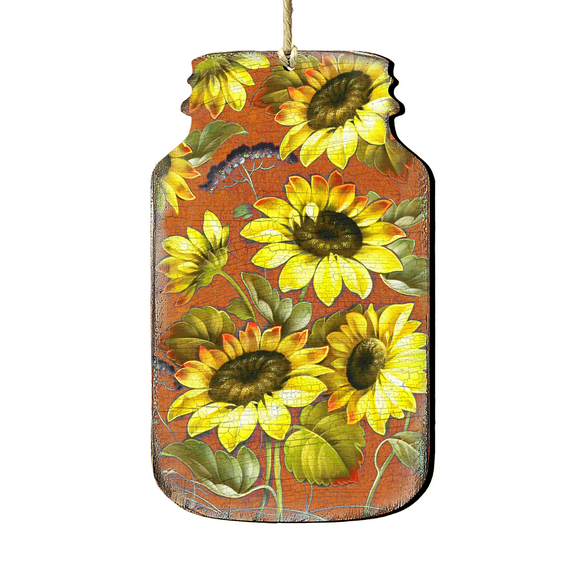 Designocracy 8158906-S2 5 x 5.5 in. Sunflower Mason Jar Wooden Ornaments - Set of 2