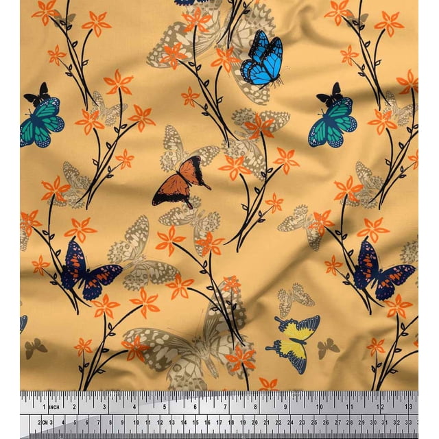 Soimoi Orange polyester Crepe Fabric Flower & Butterfly Print Sewing Fabric BTY 42 Inch Wide