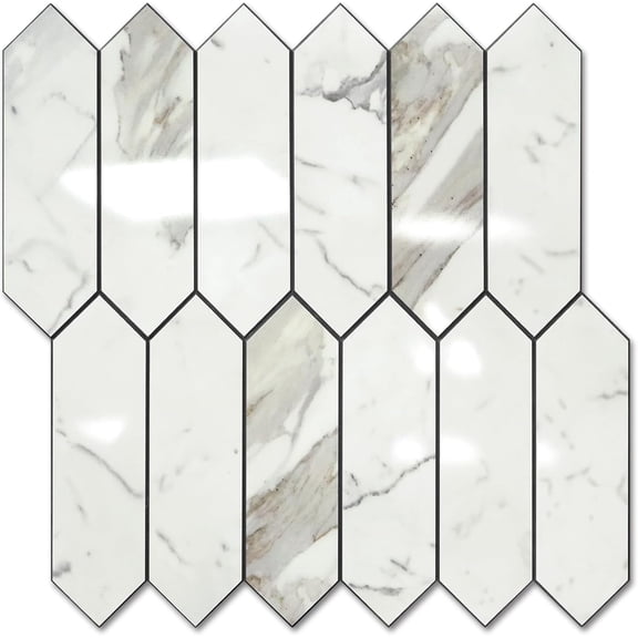 Glossy Carrara White Backsplash Tile Peel and Stick, 12.8 x 12.8 Inch 10 Sheets Long Hexagon PVC Self Adhesive Mosaic Wall Tiles Stick on Backsplash for Kitchen and Bathroom