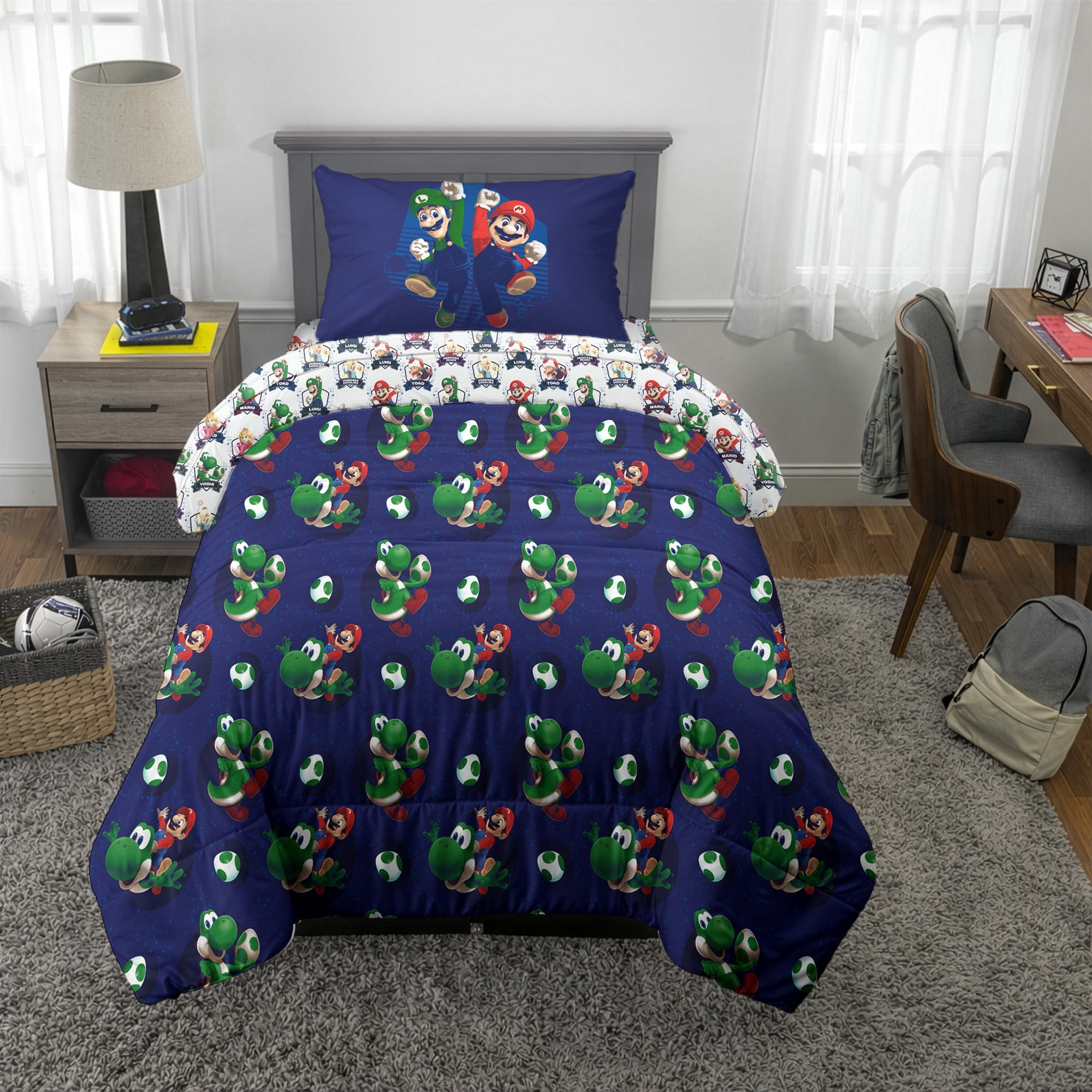 The Super Mario Galaxy Movie Kids 6 Piece Blue Reversible Comforter, Pillowcase, and Sheet Set, Queen