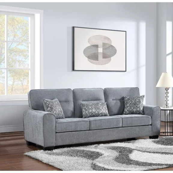 Woven Fabric Upholstered Sofa with Pillows, Round Armrest, Living Room Furniture Sofa Couch, Gray