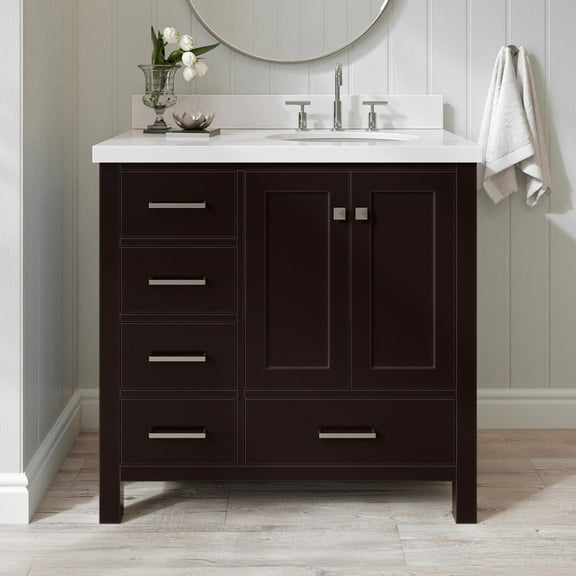 Ariel Cambridge 37 In. Right Offset Oval Sink Vanity With White Quartz Countertop In Espresso