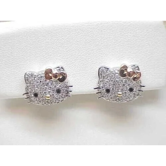14K White Gold Plated 1.80 Ct Round Simulated Diamond Hello Kitty Stud Earrings