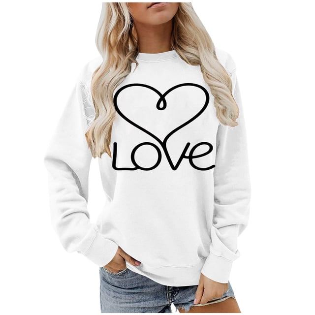 Ounisa Womens Valentines Sweatshirt Love Heart Graphic Print Pullover Casual Long Sleeve Valentine's Blouse Top