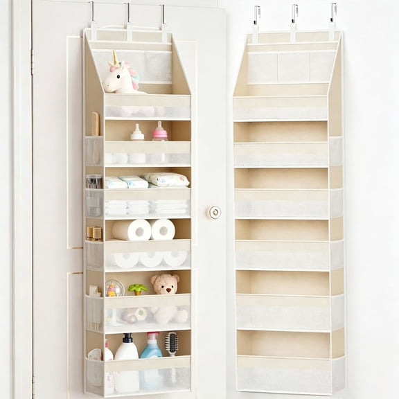 Liwantech 6-Shelf Over the Door Storage Organizer with 13 Mesh Pockets, 55lbs Max Load, Beige, Hanging Organizer for Nursery Bathroom Bedroom Dorm