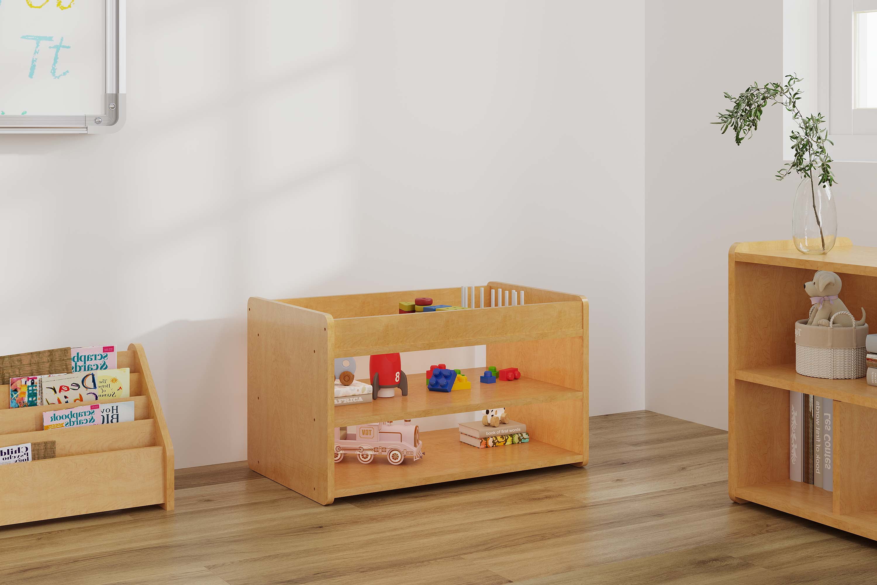 Tot Mate Toddler Play Center 2 Tier Wood Shelf Toy Storage Organizer, Classroom Furniture, Maple RTA