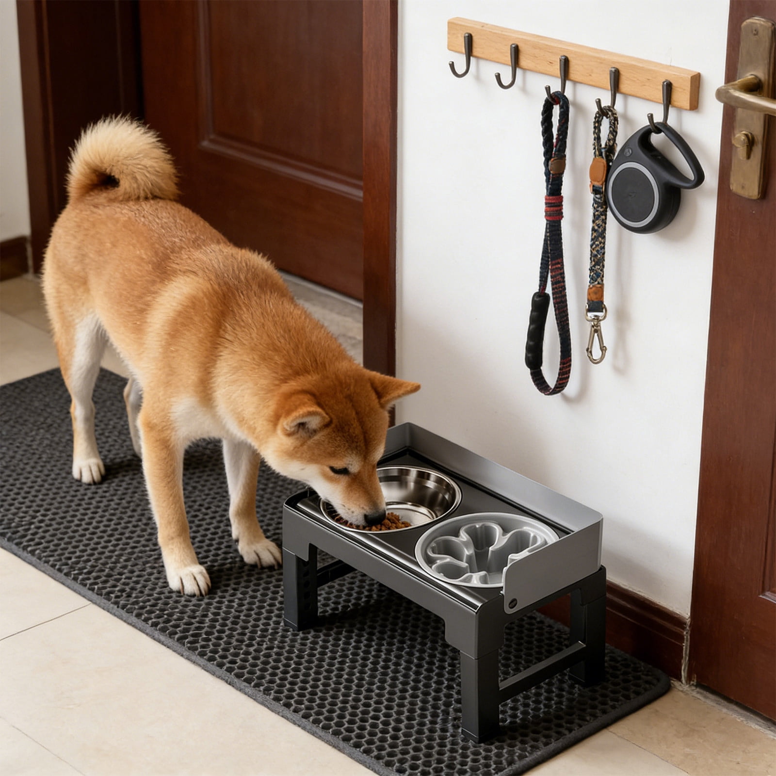 Dianli Pet Supplies Adjustable Height Elevated Stainless Steel Pet Bowls Neck Protecting Feeder Stand Double Bowl Set Includes Slow Feeder Option for Dogs Cats Pet Supplies
