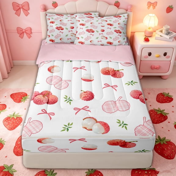 Manfei Watercolor Lychee Zipper Twin Comforter Sets with Fitted Sheet and 2 Pillowcases for Girls, Pink Gingham Bow Print Zipper Bedding Set, Pink Reversible, 4pcs