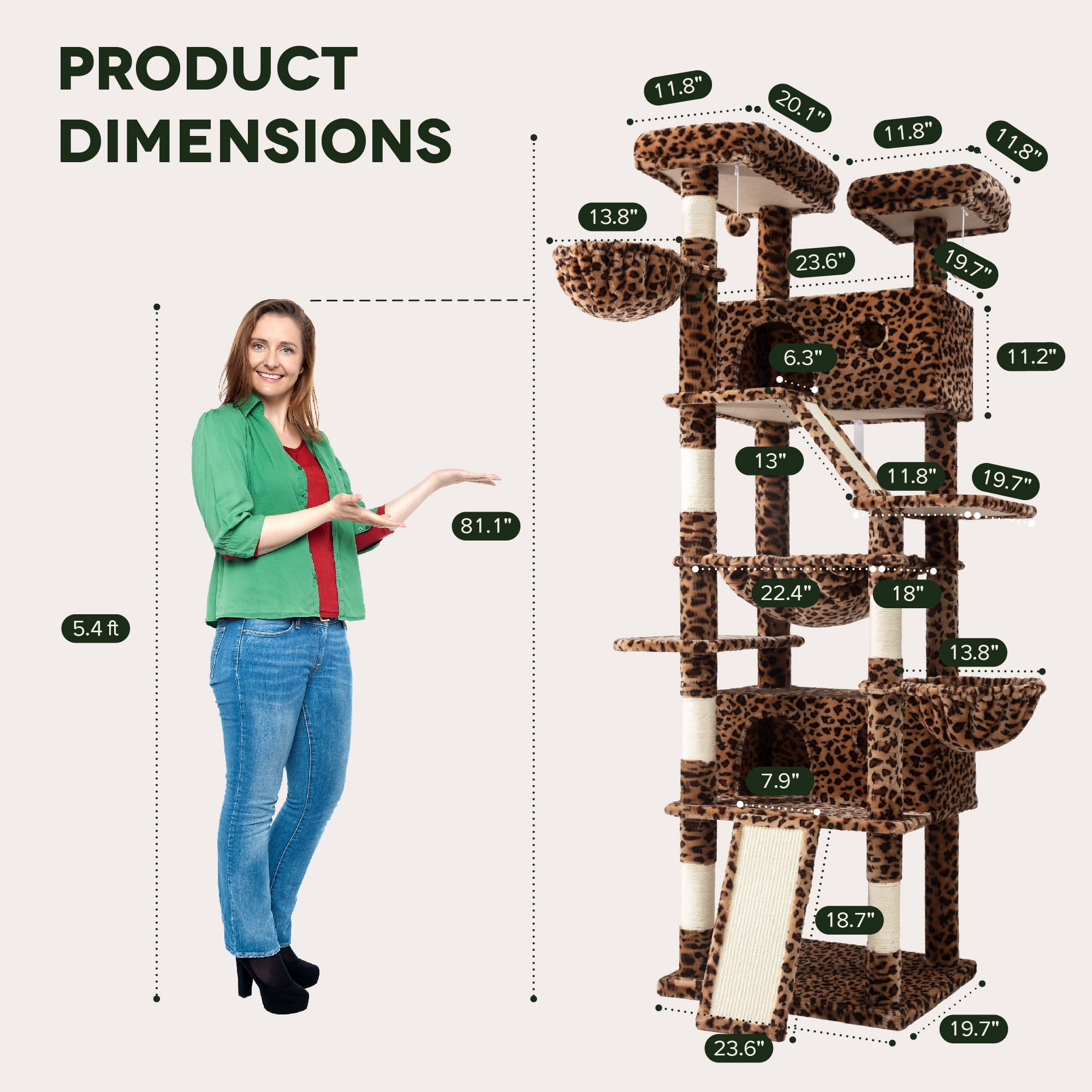 Einfach 81" Multi-Level Tall Cat Tree Tower, Larger Cat Condo with Hammock, Cozy Pussycat Perches, Sisal Scratching Posts, Leopard