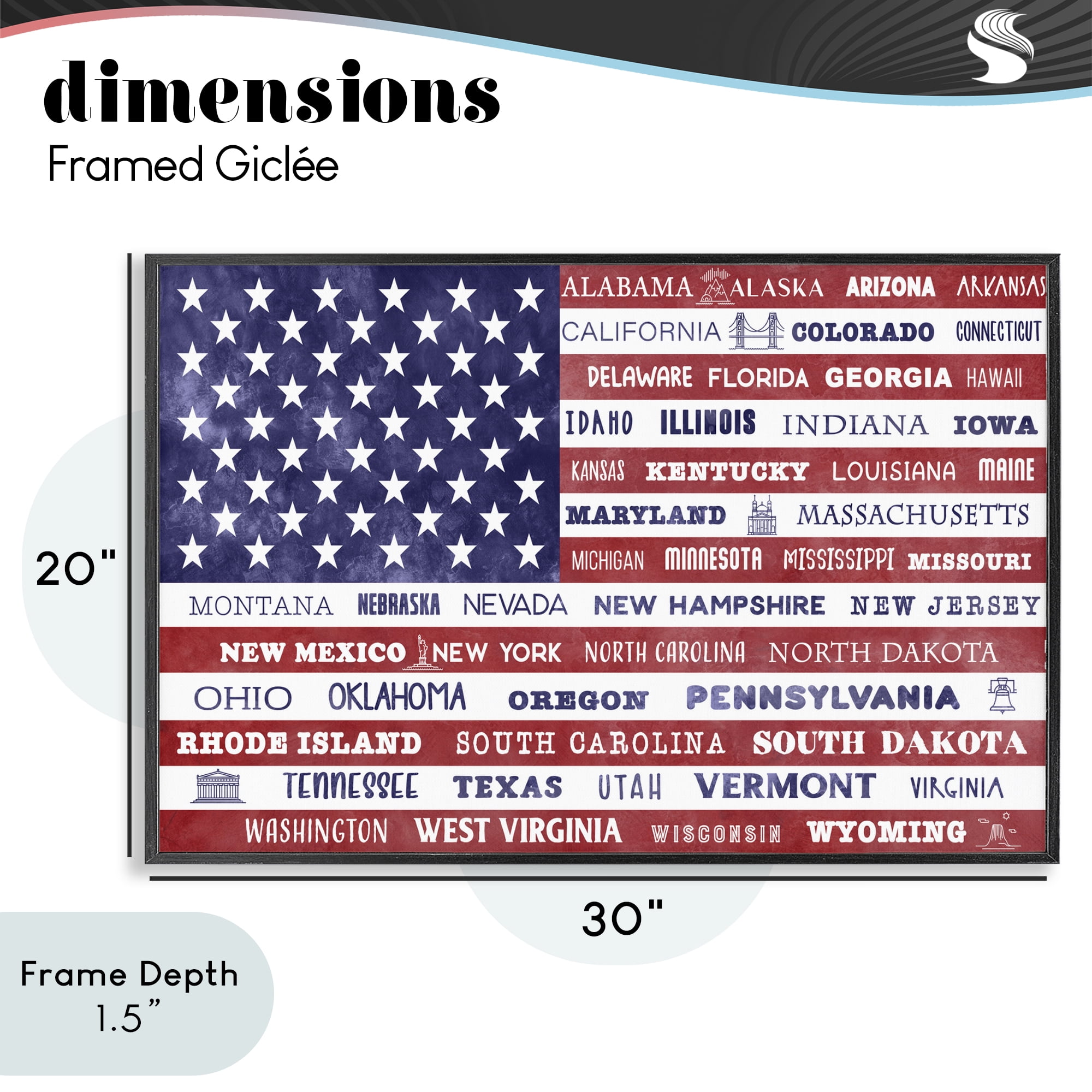 Stupell Industries States Of America Flag Black Framed Giclee Art, design by Daniela Santiago