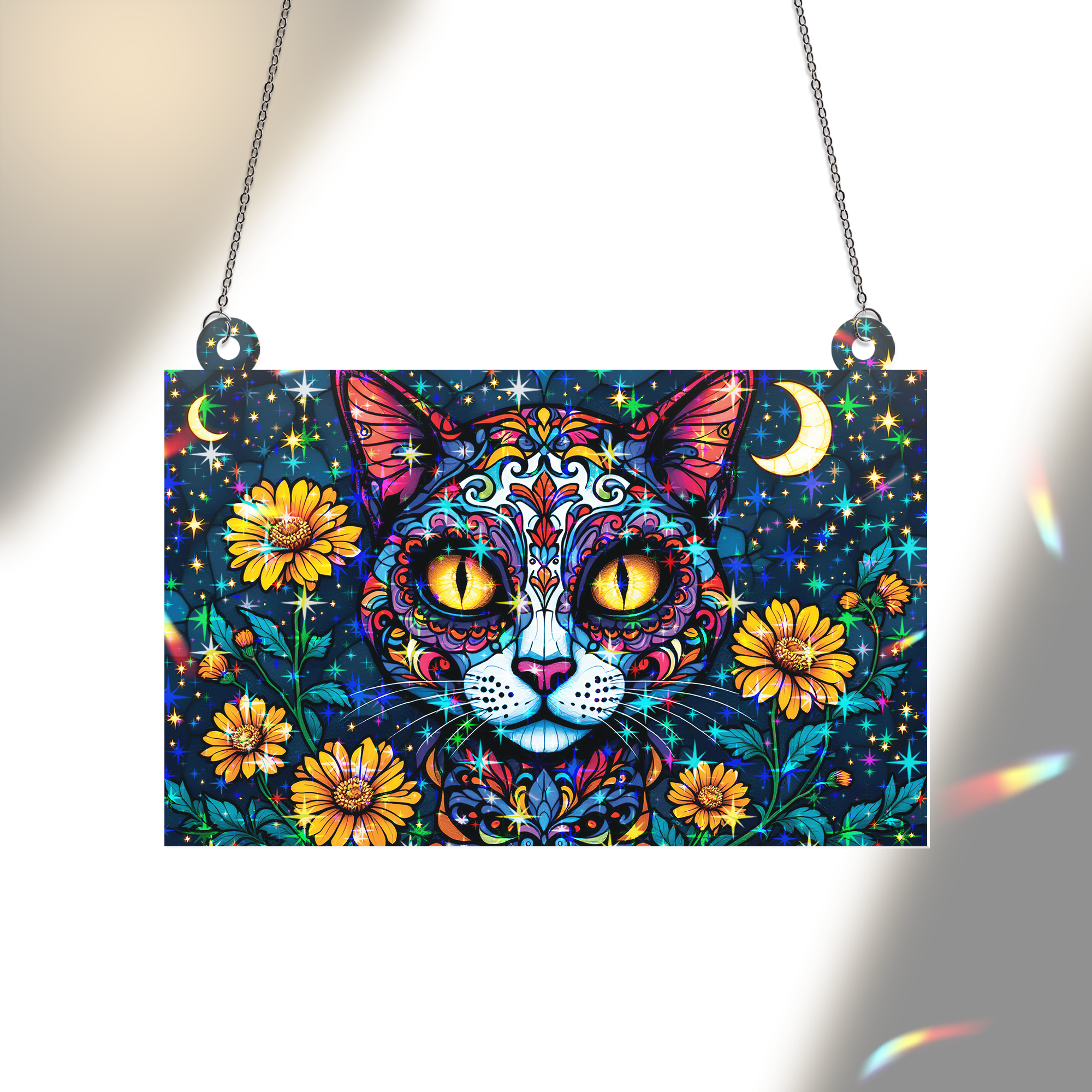 89Bloom Cat Sugar Skull Stained Glass Hologram Ornament, Stained Glass Suncatcher Ornaments Home Decor, Holographic Ornaments