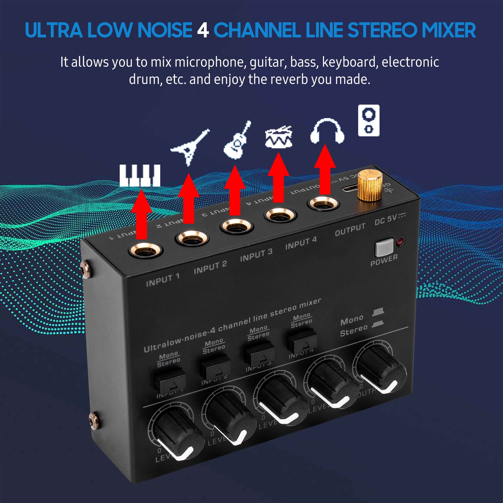 Ultra Low Noise 4-Channel Line Stereo Mixer - 4 Input 1 Output, DC 5V, Portable Mini Audio Mixer - Ideal for Microphone, Guitar, Bass, Keyboard - Suitable for Bar, Stage, Studio