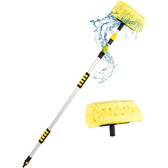 12-FT Car Wash Brush with Telescopic Wand, Car Cleaning Brush with 12” Soft Yellow Bristle, Washing Brush with Hose Attachment for Cleaning Truck, RV, Swimming Pool, House Siding, and Floors