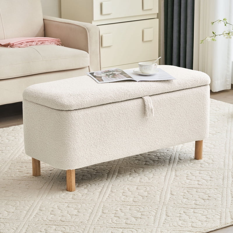 Comfort Stretch 39.3" Length Storage Ottoman Bench for Living Room,White Bedroom Bench with Entryway Storage Rectangular Boucle Foot Rest Stool Padded Seat