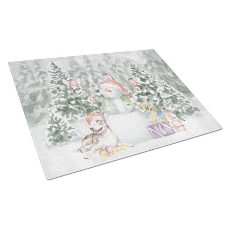 

Bull Terrier Brindle and White with Christmas Presents Glass Cutting Board Large 12 in x 15 in