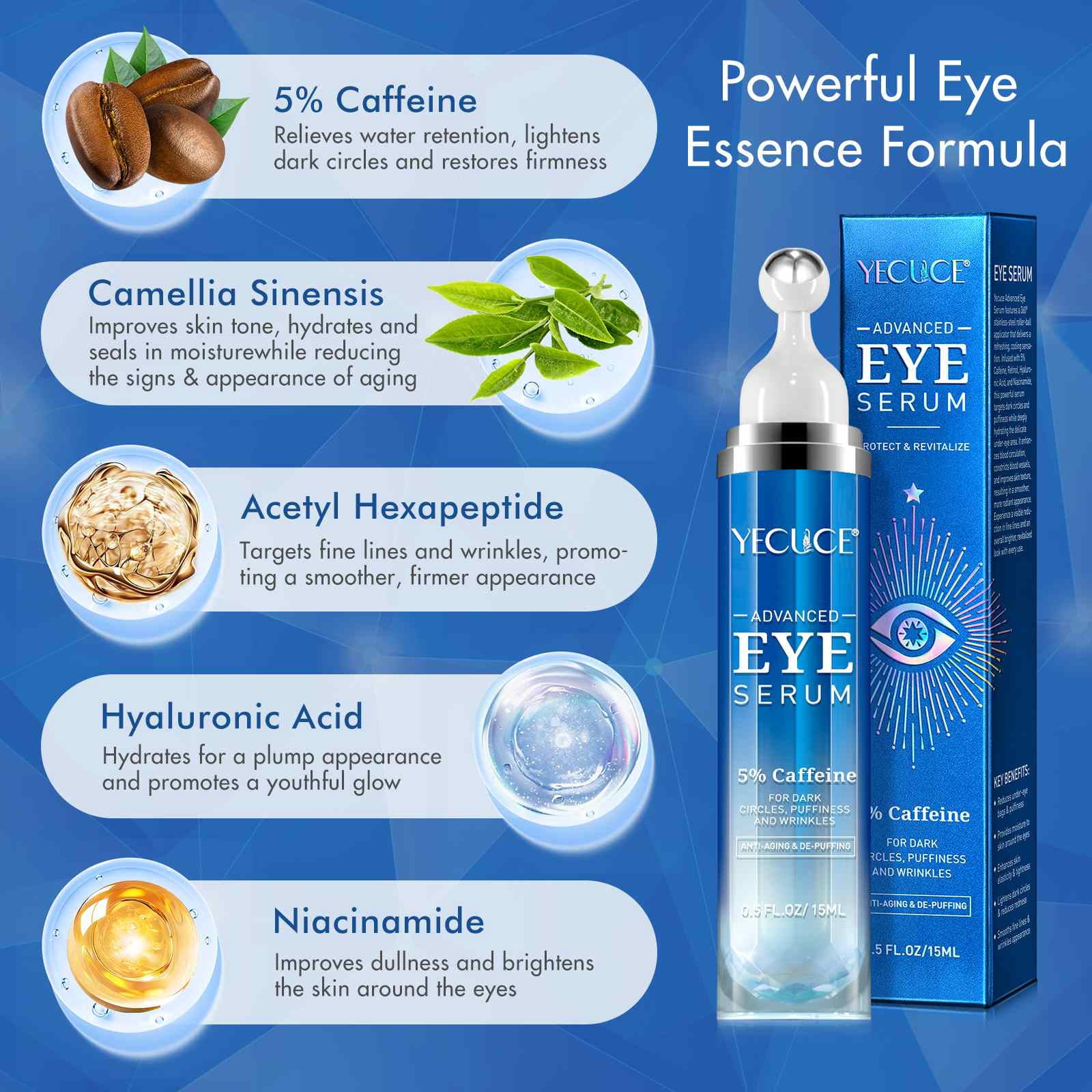 (3 pack) Yecuce Eye Serum with Roller Massage Ball, Caffeine Peptide, Dark Circles Under Eye Treatment, with Retinol, 5ml