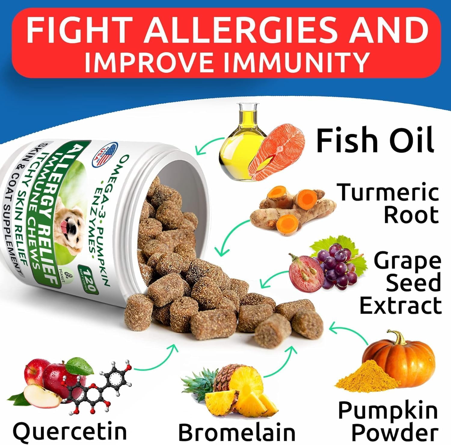 Bark&Spark Dog Allergy Relief Chews - Omega-3 Fish Oil, Anti-Itch - Itchy Skin, Paw Licking & Hot Spots - Skin & Coat Support (120 ct)
