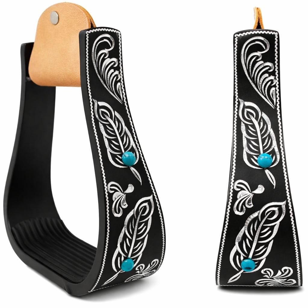 Horse 5 Black Aluminum Feather Engraved Western Horse Saddle Stirrups 51231