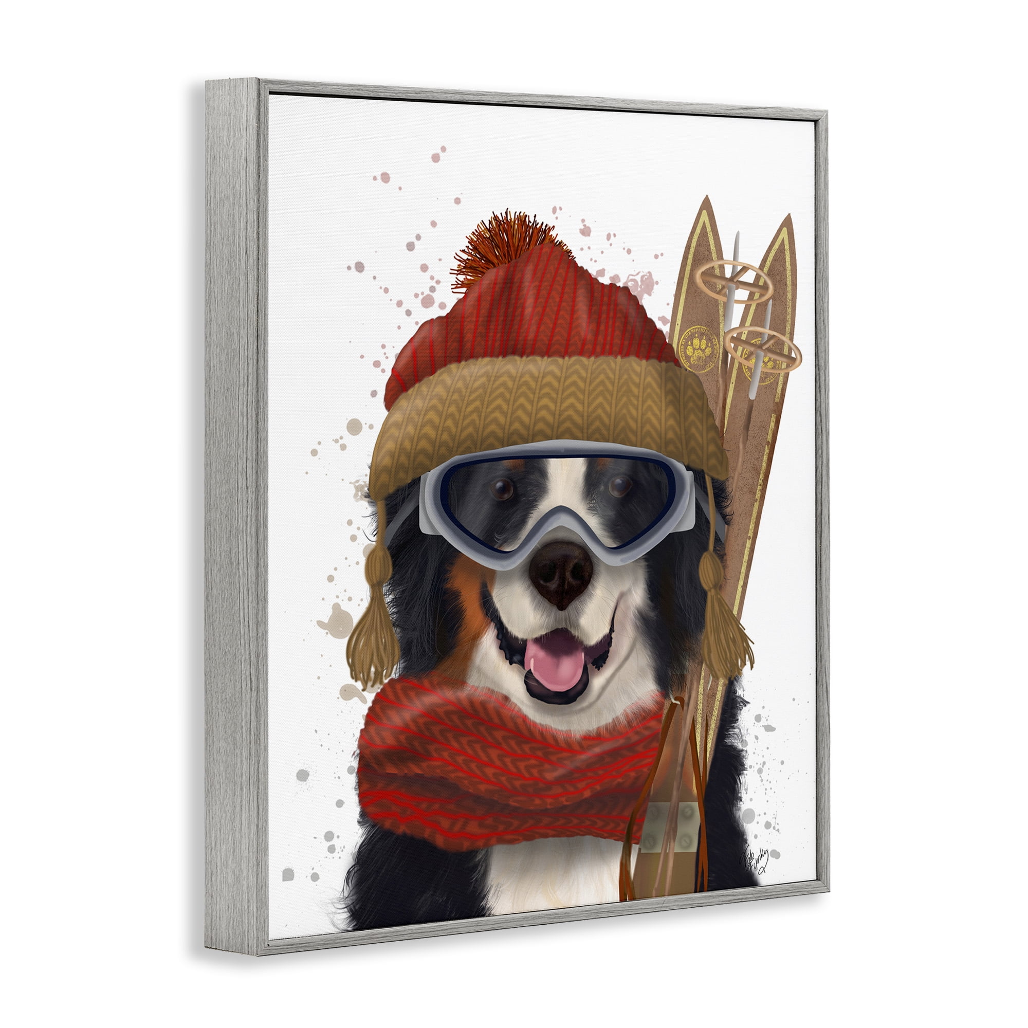 Stupell Industries Happy Skiing Dog Animals & Insects Painting Gray Framed Art Prints Wall Art, 11 x 14