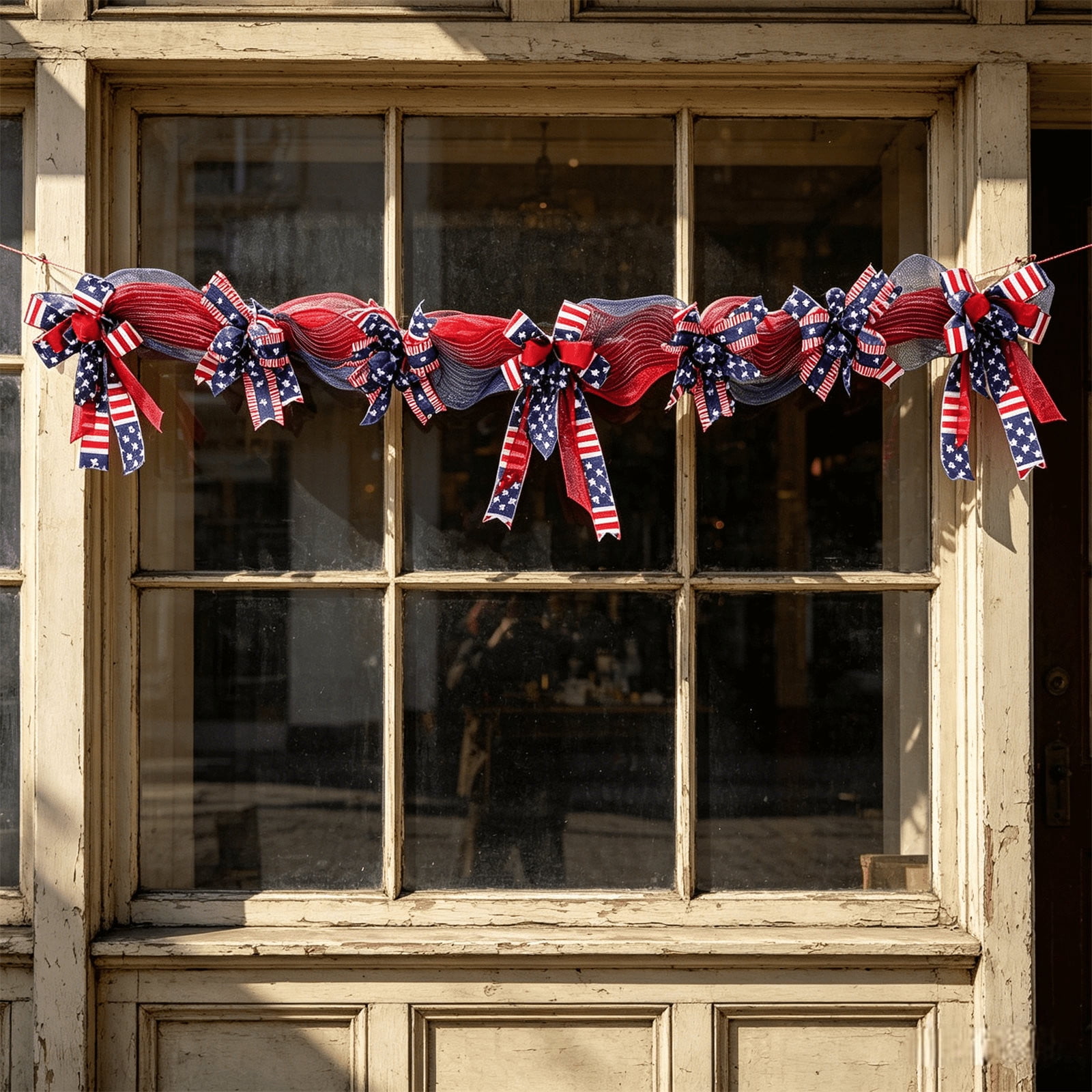 Independence Day Pull Flower 70.9 in, Red White Blue Mesh Ribbon Bow for Fireplace Door, 4th of July Party Decor with Star‑Spangled Flag