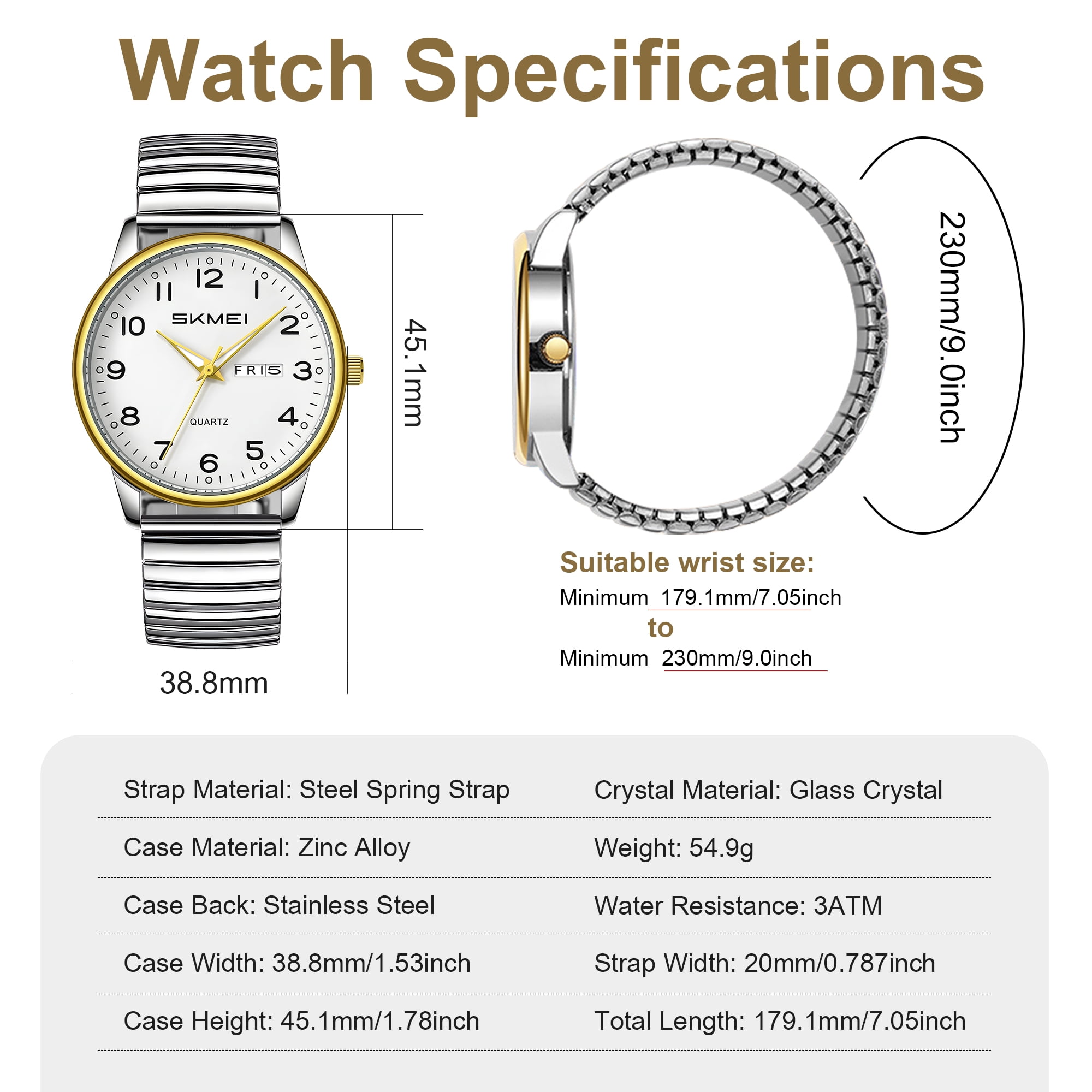 SKMEI Watches for Men Easy Reader Analog Mens Quartz Watch with Stainless Steel Expansion Band Luminous waterproof watch
