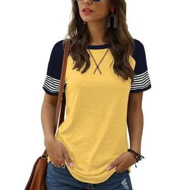 TEMOFON Summer Short Sleeve Tops for Women Color Block Casual Tunic Crew Neck Striped T Shirts Yellow Women Tops Size L