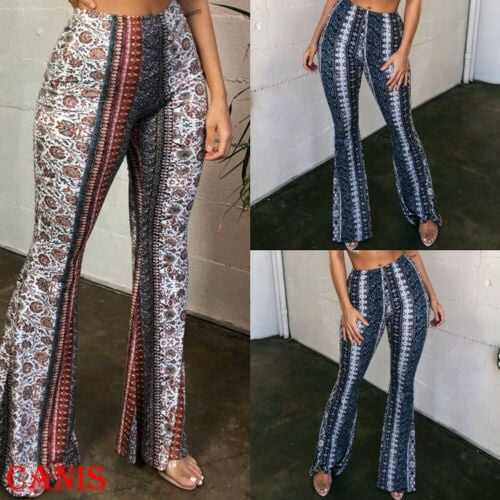 Women Fashion Boho Hippie High Waist Printed Wide Leg Pants Long Flared Bell  Bottom Pants 