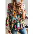 thumbnail image 2 of Women's Multicolour Floral Print Bubble Sleeve Ruffled V Neck Blouse | [ZhiHiMeRi] | (US 12-14)L, 2 of 12