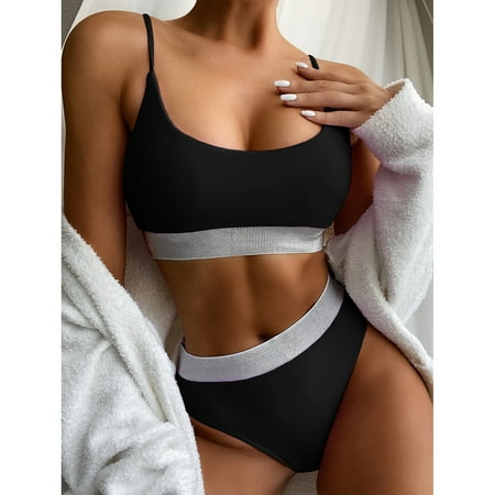Tawop Womens Swimsuit Swimwear Set Solid Beachwear Split Two Piece Bikini Little Black Swim Patchwork Swimming Clearance Items M