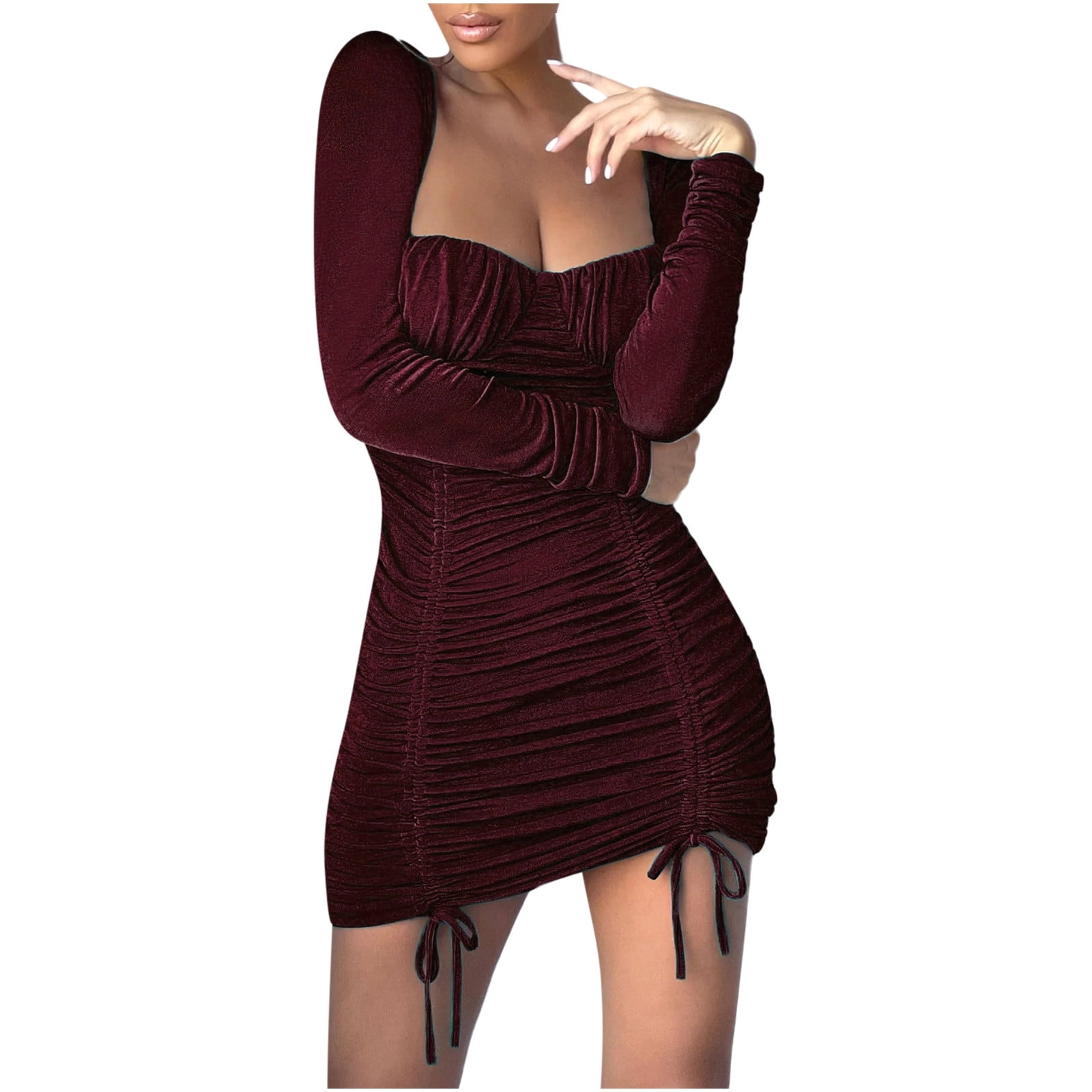 Womens Sexy Ruched Dress Long Sleeve Drawstring Square Neck Pleated Club  Party Mini Dresses Solid Color - Walmart.com