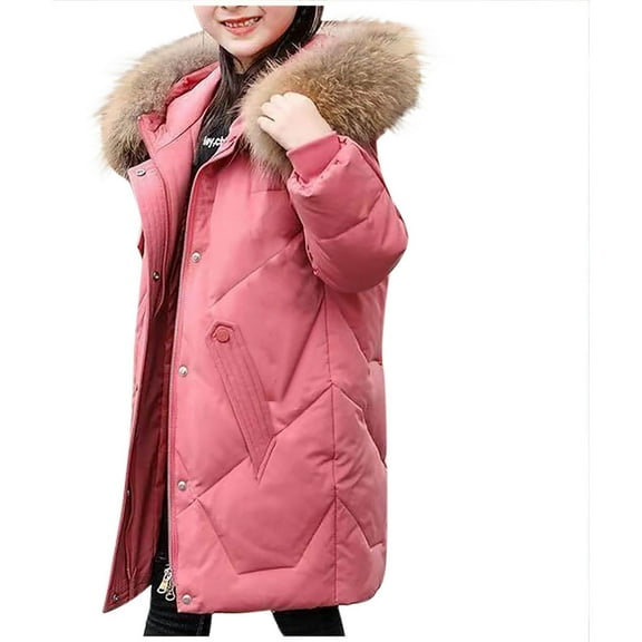 Hrsba Girls Winter Coats Solid Color Hooded Long Sleeve Zip Up Jacket with Furry Collar Thickened Warm Outerwear for Girls Age 5-16 Years Fall and Winter