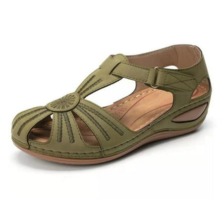 

huanledash Women Summer Retro Hook Loop Closure Hollow Beach Wedge Sandals Casual Shoes