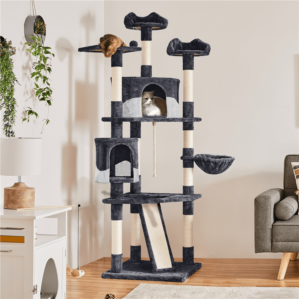 Renwick 79" Multilevel Cat Tree Tower with Scratching Posts, Dark Gray/Beige