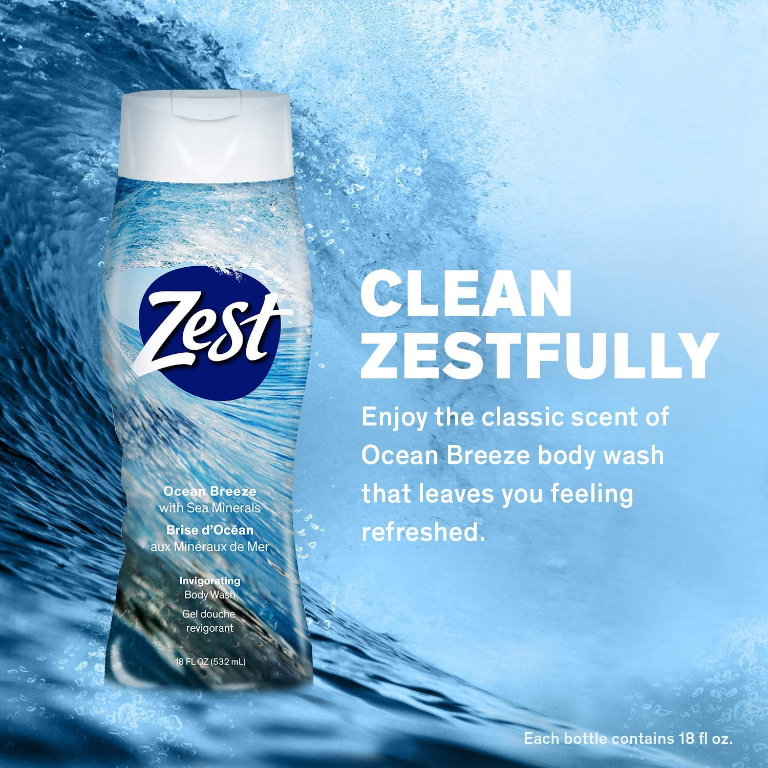Zest Ocean Breeze Body Wash - Enriched With Sea Minerals - Rich Lathering Cleansing Body Wash Leaves Your Skin Feeling Smooth And Moisturized With An Invigorating Scent, 18 Fl Oz (Pack Of 6).