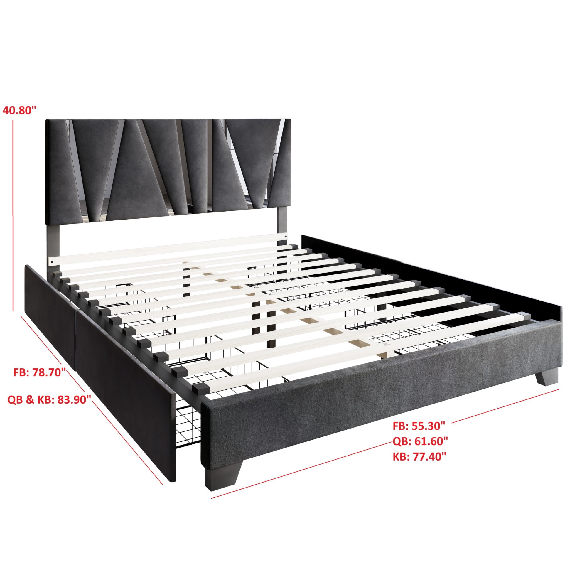Home Design Hanover Queen Upholstered Storage Platform Bed Frame with Silver Acrylic Strip Headboard and Four Under-Drawers, Dark Gray, Easy Assembly