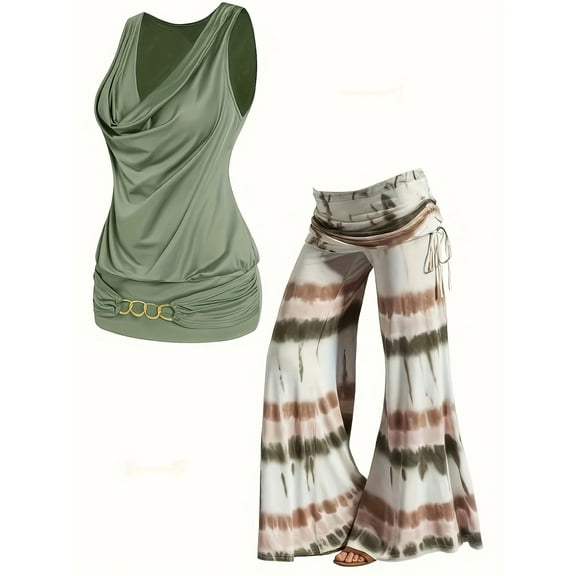 Two Piece Casual Set With Tie-Dye Wide Leg Pants And Women's Turtleneck Vest