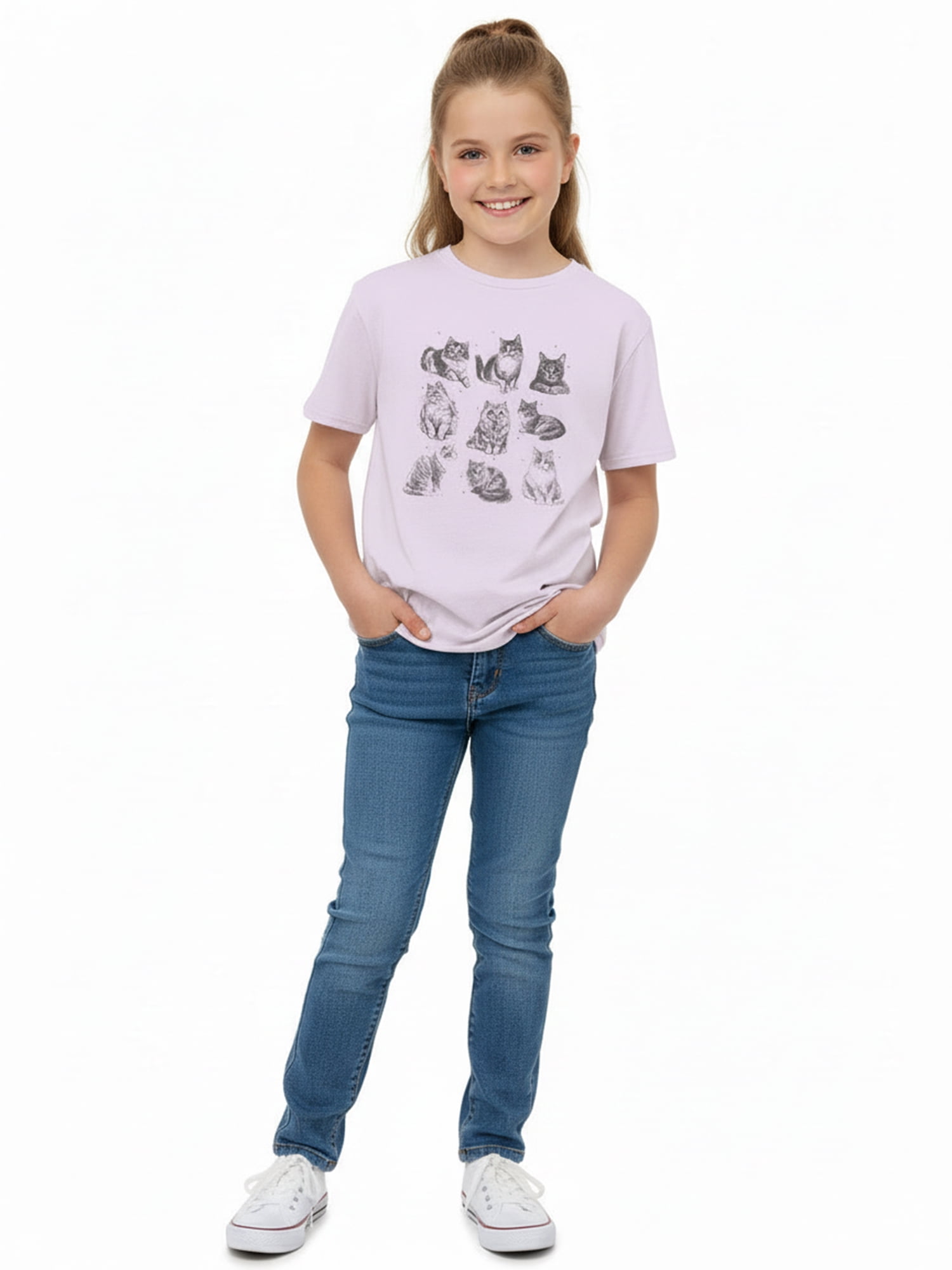 Wonder Nation Girls Cats Graphic Tee with Short Sleeves, Sizes 4-18