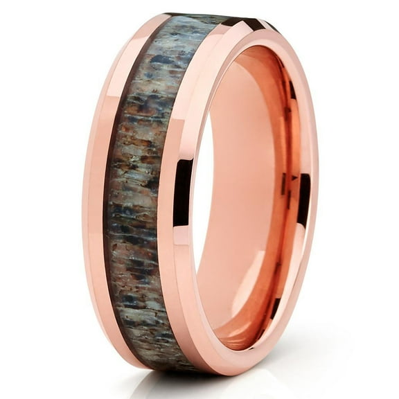 8mm Deer Antler Tungsten Carbide Wedding Band Rose Gold Two Tone Ring Comfort Fit 10