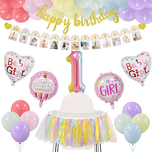 Pastel Rainbow 12 Months First Birthday Garland Unicorn Balloons Arch For Baby Girls 1st Birthday Party Decorations Rainbow Photo Banners kit