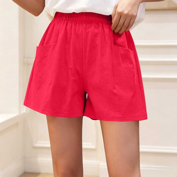 Costeam Womens Linen Blend Elastic Waist Casual Shorts Loose Fit with Side Pockets Lightweight Solid Color Summer Beach and Daily Wear Shorts