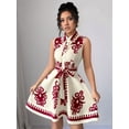 thumbnail image 6 of Women'S 2025 Summer Boho Floral Print Sleeveless Belt Flowy Button Down Midi Sun Dress Red L, 6 of 9