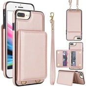 For iPhone 8 Plus/7 Plus Phone Case Wallet Card Holder,RFID Blocking PU Leather Back Magnetic Flip Kickstand Folio Case Wrist Lanyard & Crossbody Strap Protective Women Girls Cover,Rosegold
