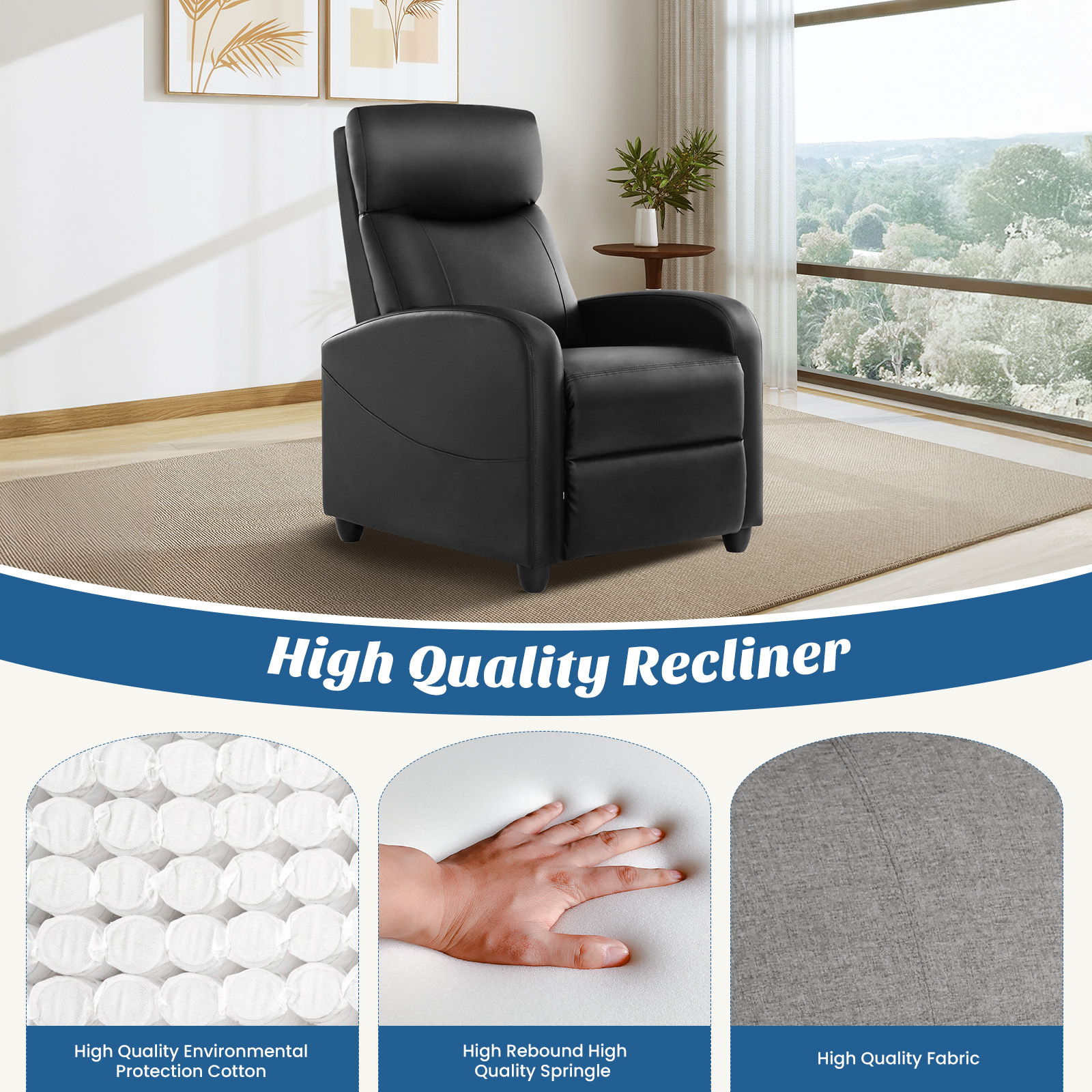 JIOABL Recliner Sofa, Adjustable Comfort Footrest for Living Room, Lounge, Bedroom, Black